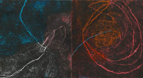 Paco Knöller unter mir der Himmel, 2022 2 parts work, oil crayon and lacquer on wood overall dimensions: 120 x 336 x 6 cm | 47 1/4 x 132 1/4 x 2 3/8 in