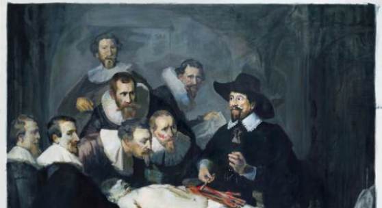  Jochen Plogsties | 1_14 (Anatomie des Dr. Tulp) | 230 x 180 cm | Öl auf Leinen | 2014 | © VG-Bild-Kunst, Bonn 2014 | [Nach: Rembrandt van Rijn, Die Anatomie des Dr. Tulp, 169,5 x 216,5 cm, Öl auf Leinwand, 1632, Mauritshuis, Den Haag, Niederlande.]