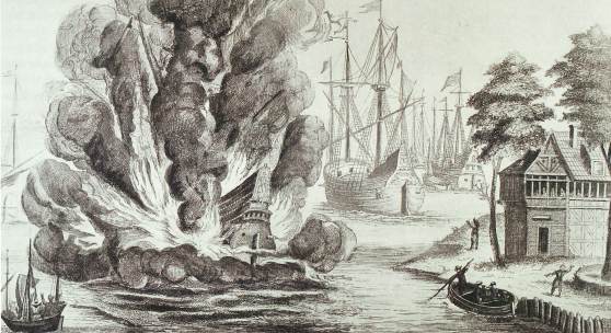 Schiffsexplosion bei Neumühlen 1622, Kupferstich, Museum für Hamburgische Geschichte