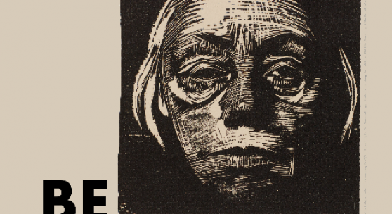 BEGEGNUNGEN – Käthe Kollwitz zu Gast im Museum Ludwig. Plakat zur Präsentation im Museum Ludwig (28.2.-4.6.2023). Motiv: Käthe Kollwitz, Selbstbildnis von vorn, 1922/23, Holzschnitt, Kn 193, Museum Ludwig, Grafische Sammlung. Reproduktion: RBA, Köln. Gestaltung: Christian Nitz
