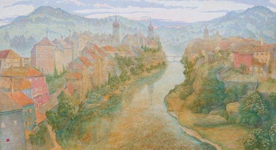 HANS PÜHRINGER* (Klosterneuburg 1875 - 1953 Klosterneuburg) Stadt am Fluss Öl/Platte, 110,2 x 160 cm 