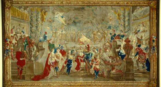 Tapisserie "Theatervorstellung mit Dolchtanz", Brüssel um 1700. Geschenk Ludwig XIV. an Friedrich I. © SPSG / Foto: Wolfgang Pfauder