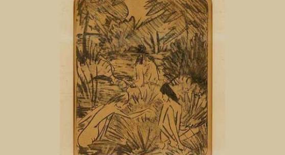 Otto Müller, r.u.handsig., Lubawka 1874 - 1930 Breslau, "Waldsee mit drei badenden und einem sitzenden Mädchen", 1918, Lithographie, 33 x 27 cm,.  Zuschlag von EUR, 10.000,- (Ausruf EUR 600,-). 