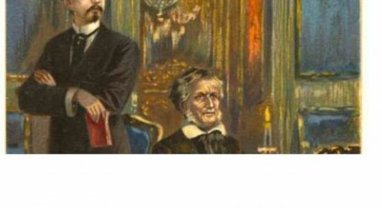 Die Postkarte aus der Zeit um 1910 zeigt König Ludwig II., der Richard Wagner am Flügel lauscht – ein mehrfach auf Postkarten verbreitetes Motiv (© Haus der Bayerischen Geschichte, Augsburg)