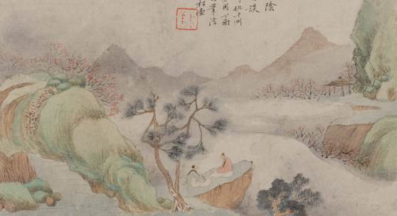 Zwei Gelehrte am Fluss, aus einem Album mit Landschaften, Qian Du (1763–1844), China, Qing-Dynastie, datiert 1841, Tusche und Farben auf Papier, RCH 1177b, Geschenk Charles A. Drenowatz, Museum Rietberg 
