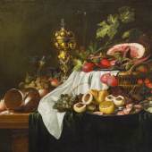 Jan Davidsz. de Heem (Utrecht 1606–1683/84 Antwerpen) Prunkstillleben, um 1645 (auf einem teilweise mit Stoff bedeckten Tisch. Familienbesitz Kaufpreis von € 125.000.- 