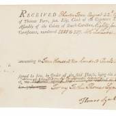 Document signed in full ("Thomas Lynch Junr"), on behalf of his father, Thomas Lynch, Sr., then a South Carolina delegate to the Continental Congress meeting in Philadelphia.  100,000 - 150,000 USD 