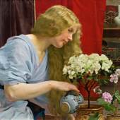 Vojtech Hynais (Wien 1854-1925 Prag) Junge Dame beim Blumengießen Öl auf Leinwand; 48 x 49 cm Signiert und datiert rechts oben: V Hynais / 1913 Kaufpreis von € 32.500.- 