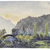 Paul Klee Ohne Titel (Dorfkirche, Bach, Berge und runde Brücke), 1896 Aquarell und Bleistift auf Papier 8,3 x 9,3 cm Privatbesitz Schweiz, Depositum im Zentrum Paul Klee, Bern