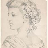 Franz Pernlochner Thaur 1847–1895 Thaur Mit Weinlaub gekränzte junge Frau im Dreiviertelprofil nach links Bleistift auf Papier, 421 x 311 mm Inv. Nr. 19Jh P 2058  © TLM 