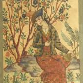 335-Bildnis einer jungen Frau im Garten, Aquarell, Iran, Safawiden-Zeit, 17. Jh./frühes 18. Jh.