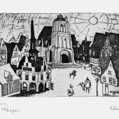 Lyonel Feininger: Kleinstadt, Sonnenaufgang, 1911, Radierung; Stadtmuseum Tübingen