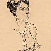 Egon Schiele (Tulln 1890 - 1918 Wien)  Mädchenporträt (Hilde Ziegler), 1918 Kohle und schwarze Tempera auf Papier; 45,7 x 29,6 cm Signiert und datiert rechts unten: EGON SCHIELE 1918 € 275.000.-.