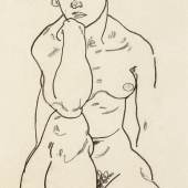 Egon Schiele, „Sitzender Akt von vorn“, 1917, Kreide auf Papier, 42,5 x 20,3 cm, rückseitig: Studie von zwei Augen und einer Nase in Kreide Foto: Galerie Kovacek & Zetter