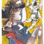  Los: 8066 Dimitris Mytaras (1934-2017), Startpreis 100 EUR  Dimitris Mytaras (1934-2017), bedeutender griechischer Maler der Moderne. Weibliche Figur mit Engel, Granolithographie, u. re. handsign. un gewidmet, u. li. num. 69/99, Eckabriss (vorhanden) u. re., B...