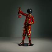 Lot 14 Yinka Shonibare Red Lantern Kid fiberglass mannequin, Dutch wax printed cotton textile, lantern, resin, metal, globe and steel baseplate 54 1/2 by 22 7/8 by 23 5/8 in. 138.5 by 58 by 60 cm. Executed in 2018. Estimate $100/150,000 Sold for $325,000