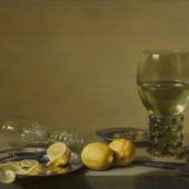 Lot 22 Pieter Claesz. Still Life of Lemons and Olives, Pewter Plates, a Roemer and a Façon-de-Venise wine Glass on a Ledge signed in monogram and dated lower right: PC Ao .1629. oil on oak panel 17 1/2 by 24 in.; 44.5 by 61 cm.; Estimate $700/900,000 Sold for 2,535,000