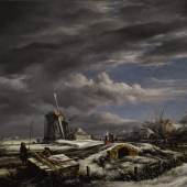 Lot  117 Property from a Private American Collection JOHN CONSTABLE, R.A. (East Bergholt, Suffolk 1776 - 1837 Hampstead) A WINTER LANDSCAPE WITH WITH FIGURES ON A PATH, A FOOTBRIDGE AND WINDMILLS BEYOND (AFTER JACOB VAN RUISDAEL) oil on canvas 22 by 28⅛ in.; 55.8 by 71.4 cm. Estimate $250/350,000