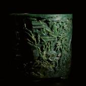 10112, A Finely Carved Large Spinach-Green Jade 'Immortals' Brushpot