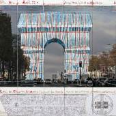  Christo L'Arc de Triumph, Wrapped (Project for Paris) Place de l'Etoile, Charles de Gaulle Collage 2019   Pencil, wax crayon, enamel paint, photograph by Wolfgang Volz, map, architectural and topographic survey, and tape 28 x 35.5 cm (11 x 14 in)  Property of the Estate of Christo V. Javacheff André Grossmann 2019 Christo and Jeanne-Claude Foundation