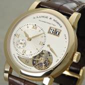 Katalog Nr. 44 A. Lange & Söhne, Glashütte i/SA, "LANGE 1 TOURBILLON - Homage to F. A. Lange", Werk Nr. 82009, Geh. Nr. 192006, Limitierungsnummer 007/150, Ref. 722.050, Cal. L961.2, 38,5 mm, circa 2010  Schätzpreis  68.000 - 85.000 €