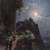 Lot: 167 Hermann Corrodi 1844 Frascati - 1905 Rom Nächtlicher Aufstieg am Berge Athos. Um 1880. Öl auf Leinwand. Unten links der Mitte signiert und bezeichnet "Roma" (schwer leserlich). 164 x 85 cm (64,5 x 33,4 in).  25.000 EUR