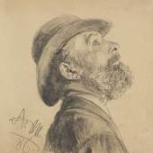 Lot: 142   Menzel, Adolph von  Porträt eines Mannes, 1886.  Erlös (inkl. 25% Aufgeld): 23.750 EUR / 30.400 $ Schätzpreis: 9.000 EUR / 11.520 $  