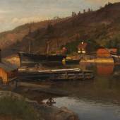 Lot: 1317   Gude, Hans Fredrik  Landungsbrücke Drøbak in der Abendsonne, Norwegen, 1875.  Schätzpreis: 6.000 EUR / 7.740 $. Erlös € 11.000*   