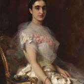 Lot: 724   Makovskij, Konstantin Egorovic  Porträt einer eleganten Dame mit Fächer, 1883.  Erlös (inkl. 22% Aufgeld): 154.940 EUR / 204.520 $ Schätzpreis: 70.000 EUR / 92.400 $   