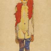 Egon Schiele, Mädchen mit Federboa Aquarell, Deckfarbe und Kreide, um 1910 43,5 x 30,5 cm (17.1 x 12 in) Schätzpreis: € 600.000-800.000