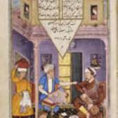 Buchbinder bei der Arbeit Persische Handschrift der Fünf Epen (Chamsa) des Nizami Mogul-Indien, um 1585. Foto: Dietmar Katz