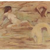  121002217 Otto Mueller	 Drei badende Mädchen, Um 1911. Leimfarbe auf Rupfen Schätzpreis: € 300.000 - 400.000 +