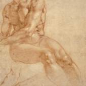 Michelangelo Buonarroti Sitzender Jünglingsakt und zwei Armstudien, (Recto), um 1511Rötel, weiß gehöht
