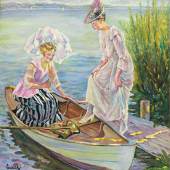1213 Edward Cucuel (1875 San Francisco - 1954 Pasadena). Sign. Zwei Damen besteigen einen Nachen. Uferstück am Starnberger See.  Ausruf: 13.000 Euro Zuschlag: 15.000 Euro 