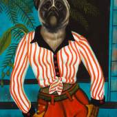 Unbekannter Künstler, Antropomorpher Hund vor blauem Hintergrund