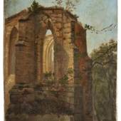 021   Christian Friedrich Gille "Klosterruine Oybin". Um 1835. 28,1 x 22,4 cm, Unters. 28,8 x 22,8 cm, Ra. 31,5 x 37,3 cm.  		18000 € 