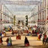 Faltperspektive mit der Innenansicht des Crystal Palace der Londoner Weltausstellung von 1851, zehn kolorierte Lithografien, 1851, Private Sammlung © Collection H. G.
