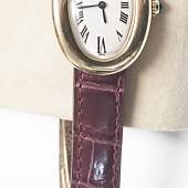 Damenarmbanduhr Marke Cartier, Model Baignore, 750er Gelbgold, brombeerfarbenem Lederarmband mit original Faltschließe in 750er Gelbgold, Serien No. 0103160