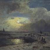 Katalog-Nr. 2 - Louis Douzette (1834 - 1924) - Öl auf Leinwand, "Winterliche Mondscheinlandschaft mit Blick auf Barth (Pommern) von Westen" Gemälde » Strand