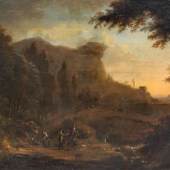  001   Johann Alexander Thiele, Felsige Landschaft mit Bachlauf. Um 1730.  Öl auf Leinwand. Signiert u.re. "AThiele fecit". In einem goldfarbenen Schmuckrahmen gerahmt. 7.000-8.000 €  