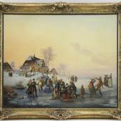 Katalog-Nr. 10 Anton Clemens Albrecht Evers (1802 - 1848) - Öl auf Leinwand, "Wintervergnügen auf einem Weiher bei München mit Personenstaffage", 1838   • Kategorie: Gemälde   • Limit: 3.500,00 EUR