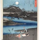     *       Ando Hiroshige, Wäscheklopfen am Mishima-Fluß in der Provinz Settsu, aus der Serie: die sechs Jadeflüsse in unterschiedlichen Provinzen, 1857 © Sammlung Leopold II
