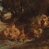 Hans Makart (Salzburg 1840 - 1884 Wien)  Die Nixen und der tiger, um 1872/73, signiert,  Öl auf Leinwand, 117 x 232 cm  erzielter Preis € 163.294 