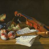 Jean-Baptiste Oudry STILL LIFE WITH A VIOLIN, A RECORDER, BOOKS, A PORTFOLIO OF SHEET OF MUSIC, PEACHES AND GRAPES ON A TABLE TOP Estimate  600,000 — 900,000  USD