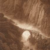 Peter Birmann Die Teufelsbrücke in der Schöllenenschlucht auf dem Weg über den Gotthard, mit einem Maultierzug, vor 1805 Albertina, Wien