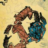 Brno Gironcoli Entwurf, blauer Fluschi (Hund), 1989/1991 (Design, Blue Fluschi [Dog]) Metallpulverfarbe, Tusche, Gouache und Bleistift auf karierten Linienspiegeln / Metal powder paint, India ink, gouache, and pencil on graph paper
