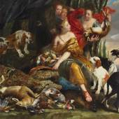 Lot Nr. 79  Jan Fyt (Antwerpen 1611–1661)  Die Göttin Diana empfängt die Jagdbeute,  signiert unten rechts: Joannes Fyt,  Öl auf Leinwand, 177 x 261 cm  erzielter Preis € 295.800