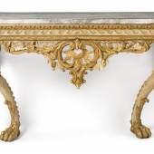 358 A GEORGE II WHITE-PAINTED AND PARCEL-GILT CONSOLE TABLE IN THE MANNER OF WILLIAM JONES, CIRCA 1740, 50,000 - 80,000 USD
