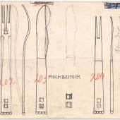 Josef Hoffmann, Entwurf für ein Silberbesteck für Fritz und Lili Waerndorfer, flaches Modell, Wiener Werkstätte, 1904, © MAK