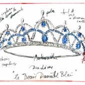 Karl Lagerfeld, Entwurfsskizze für die Swarovski-Tiara "Le Beau Danube Bleu" der Debütantinnen für den Wiener Opernball 2017, Pastell/Ölkreide/Tippex auf Transparentpapier, 23,5 x 17,3 cm, Rufpreis € 500